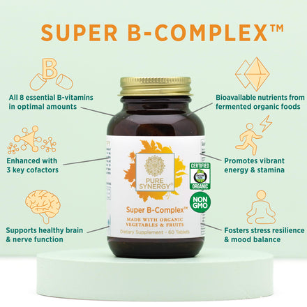 PURE SYNERGY Super B-Complex | Vitamin B Complex Made with Organic Whole Foods | Vegan Supplement with Natural Vitamin B12, Niacin, and Folate | for Energy, Focus and Mood Support (60 Tablets)
