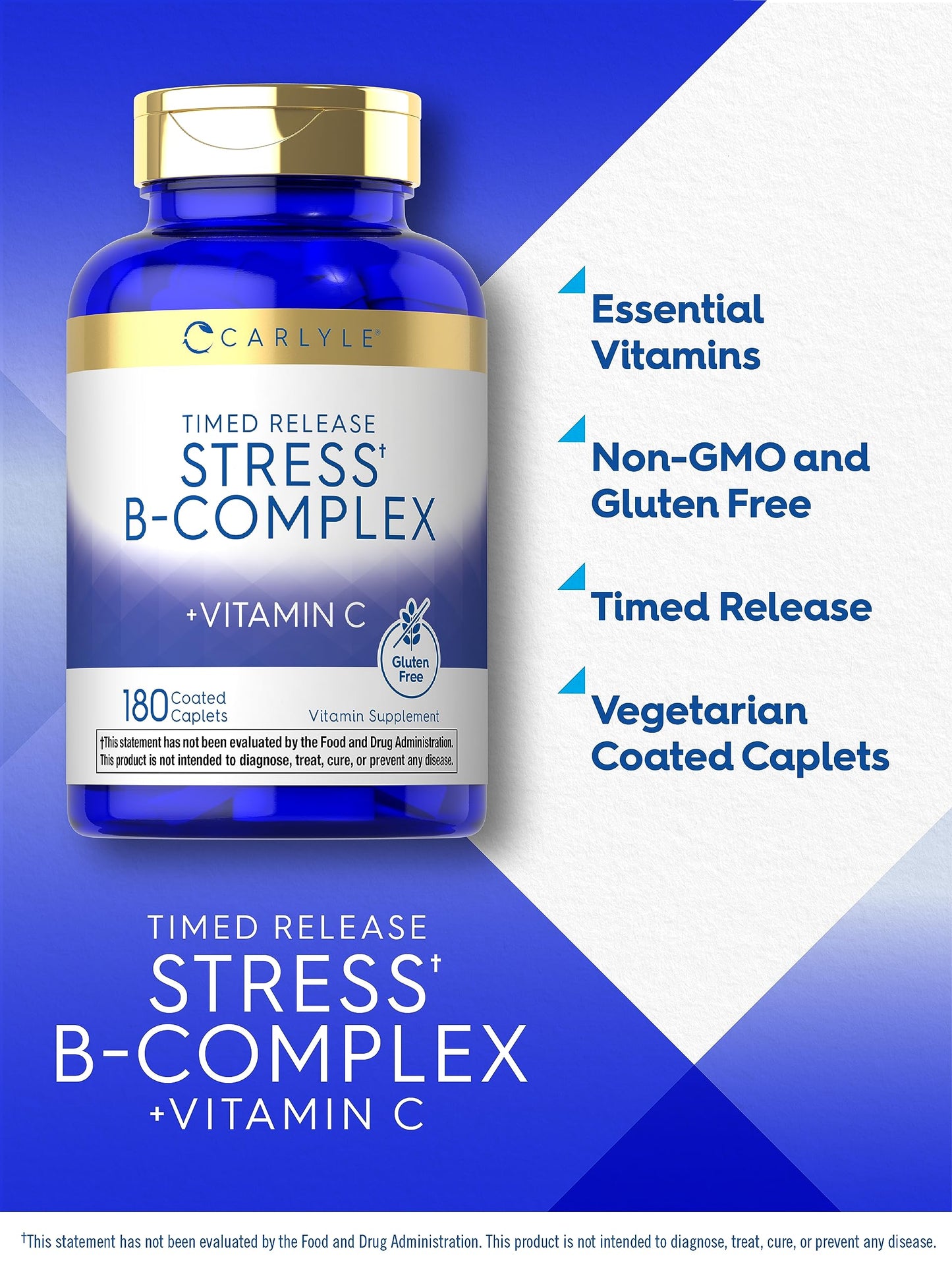 Carlyle Stress B Complex Vitamin Supplement | 180 Caplets | with Vitamin C | Non-GMO and Gluten Free