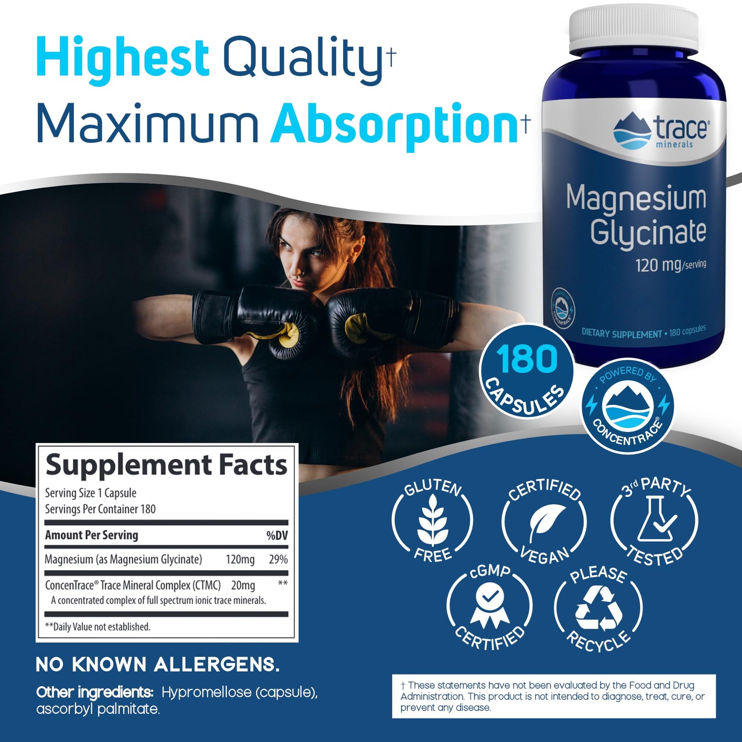 Trace Minerals Magnesium Glycinate Capsules | 120 mg Supports Normal Sleep, Calm Mood, and Maintains Normal Muscle, Liver, Bone & Nerve Function | 180 Count