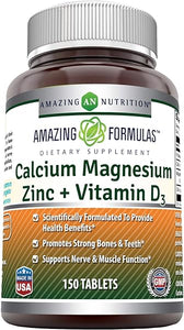 Amazing Formulas Calcium Magnesium Zinc D3 | 150 Tablets Supplement | Calcium 1000mg, Magnesium 400mg, Zinc 25mg, Vitamin D3 600 IU | Non-GMO | Gluten Free | Made in USA in Pakistan