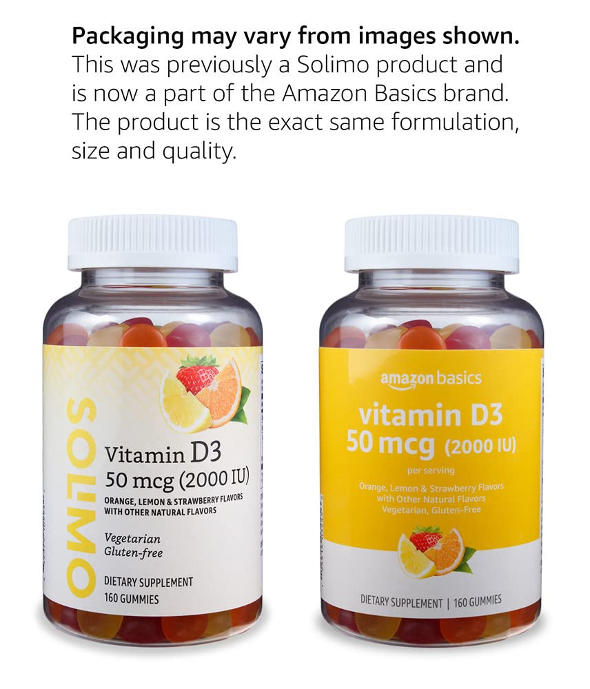 Amazon Basics Vitamin D3 2000 IU Gummies, Orange, Lemon & Strawberry, 160 Count (2 per Serving) (Previously Solimo)