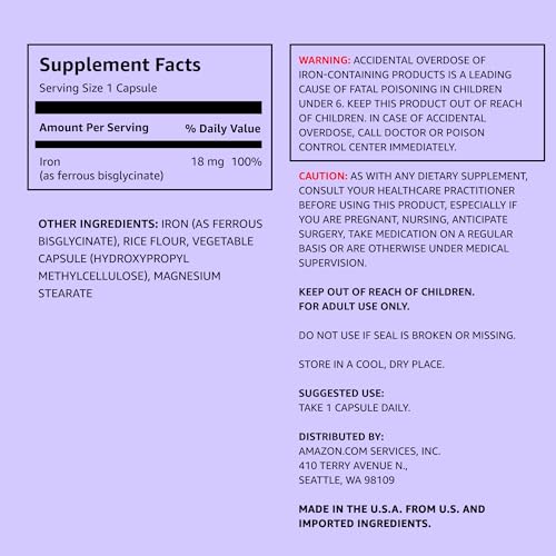 Amazon Elements Iron 18mg Capsules, Supports Red Blood Cell Production Supplement in Pakistan