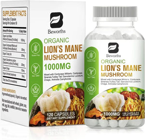 B BEWORTHS Mushroom Supplement with 1000 mg Lions Mane, Lions Mane Mushroom Supplement, Lions Mane Supplement 120 Capsules, Cordyceps and Turkey Tail for Better Memory, Energy, Brain & Immune Health