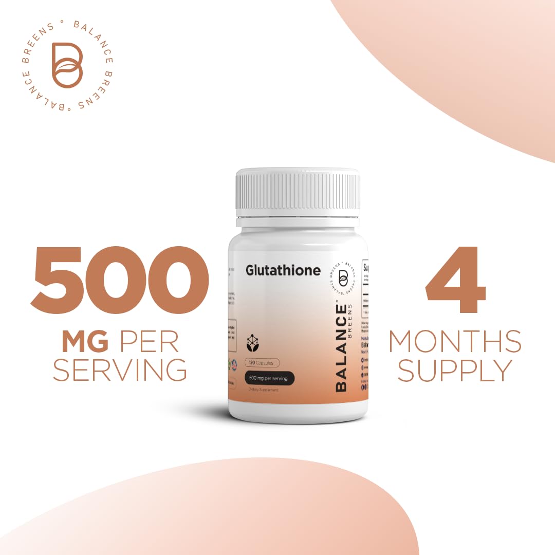 Balancebreens Active Form (Reduced) Glutathione Supplement - 500mg - 120 Vegan Capsules - L-Glutathione GSH Supports Cardiovascular Health, Antioxidant Support, Liver Detox, Skin Whitening