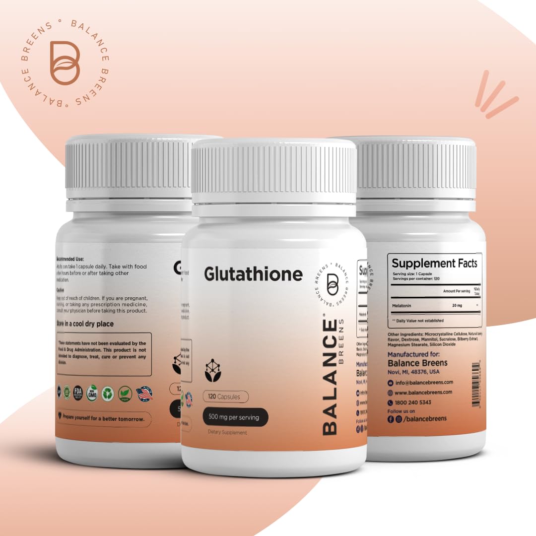 Balancebreens Active Form (Reduced) Glutathione Supplement - 500mg - 120 Vegan Capsules - L-Glutathione GSH Supports Cardiovascular Health, Antioxidant Support, Liver Detox, Skin Whitening