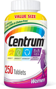 Centrum Multivitamin for Women, Multivitamin/Multimineral Supplement with Iron, Vitamin D3, B Vitamins and Antioxidant Vitamins C and E, Gluten Free, Non-GMO Ingredients - 250 Count