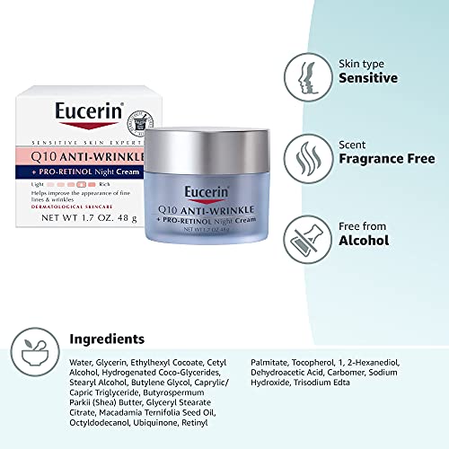 Eucerin Q10 Anti-Wrinkle Night Cream + Pro-Retinol, Facial Cream for Sensitive Skin, 1.7 Oz Jar