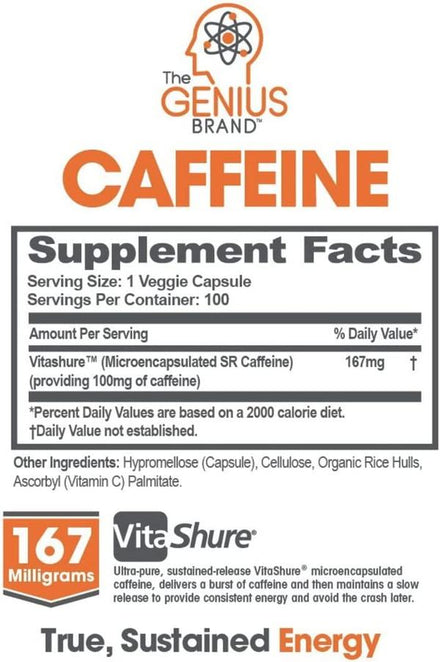 Genius Caffeine Pills, Natural Non-Crash Sustained Energy, Focus & Concentration Supplement - Brain Booster