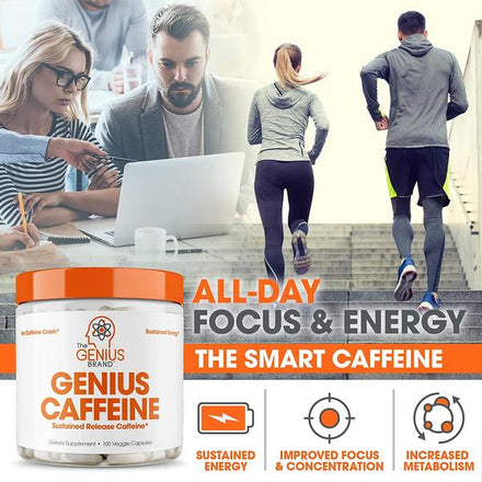 Genius Caffeine Pills, Natural Non-Crash Sustained Energy, Focus & Concentration Supplement - Brain Booster