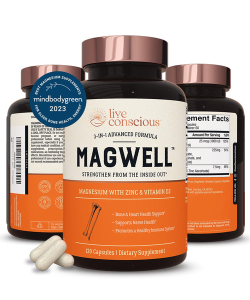 Live Conscious Magwell Magnesium Zinc & Vitamin D3 - Magnesium Glycinate, Malate, & Citrate - Triple Supplement for Women & Men - for Sleep, Bone, Heart, Immune Support - 120 Caps in Pakistan Live Conscious Magwell Magnesium Zinc & Vitamin D3 - Magnesium Glycinate, Malate, & Citrate - Triple Supplement for Women & Men - for Sleep, Bone, Heart, Immune Support - 120 Caps in Pakistan