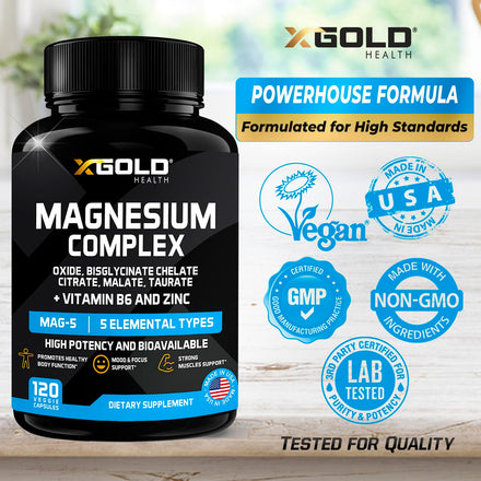 Magnesium Complex 500mg with Vitamin B6 & Zinc Supplement| Mag Complex - 5 in 1 with Magnesium Oxide, Bisglycinate Chelate, Citrate, Malate & Taurate | Blend for Optimal Health |120 Caps Made in USA