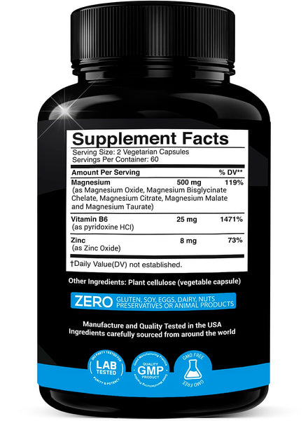 Magnesium Complex 500mg with Vitamin B6 & Zinc Supplement| Mag Complex - 5 in 1 with Magnesium Oxide, Bisglycinate Chelate, Citrate, Malate & Taurate | Blend for Optimal Health |120 Caps Made in USA