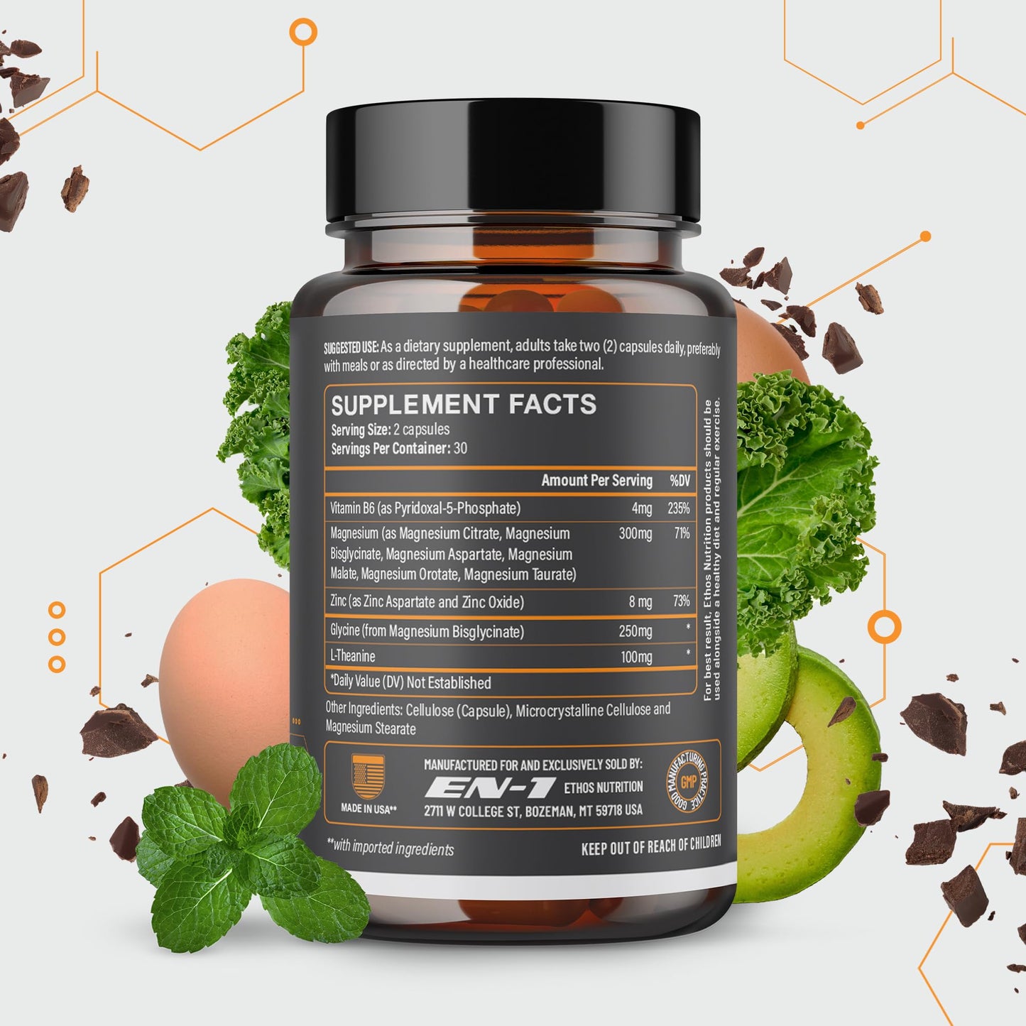 Magnesium Supplement, Magnesium w/L Theanine, P5P (B6), Zinc, Glycine, 6 Forms of Magnesium, L Theanine Supplement - 60 Capsules
