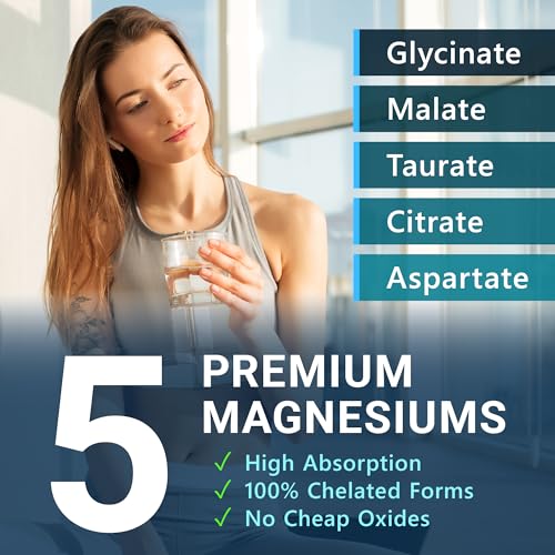 MyoActivo 5-in-1 Magnesium Complex - High Absorption - Chelated Magnesium Glycinate, Malate, Citrate, Taurate, & Aspartate for Calm, Stress, Muscles, Bones | 120 Capsules | Magnesium Supplement