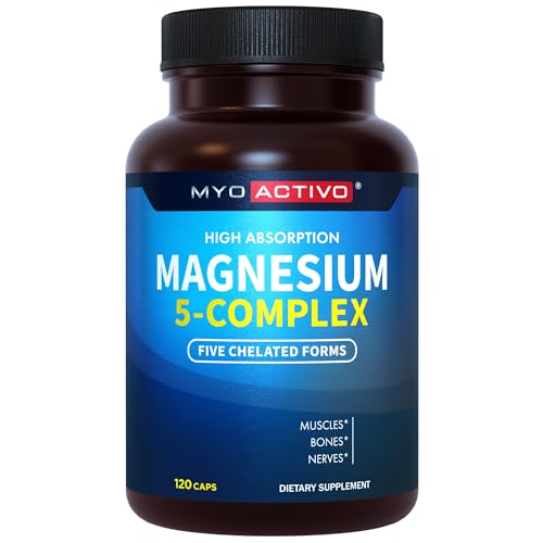 MyoActivo 5-in-1 Magnesium Complex - High Absorption - Chelated Magnesium Glycinate, Malate, Citrate, Taurate, & Aspartate for Calm, Stress, Muscles, Bones | 120 Capsules | Magnesium Supplement