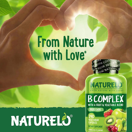 NATURELO B Complex - Whole Food Complex with Vitamin B6, Folate, B12, Biotin - Supplement for Energy and Stress - High Potency - Vegan - Vegetarian - Non GMO - Gluten Free - 240 Capsules