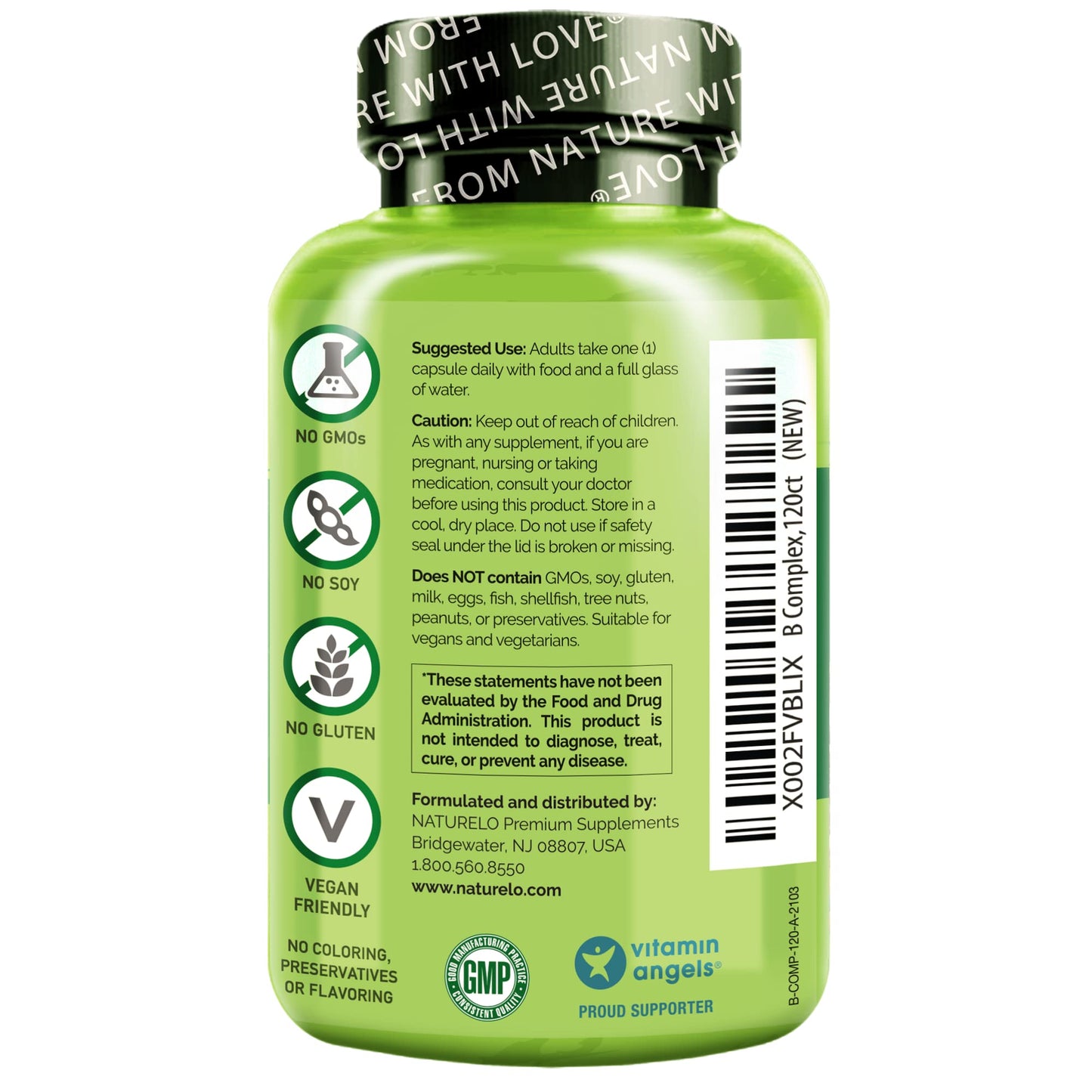 NATURELO Vitamin B Complex with Methyl B12, Methyl Folate, Vitamin B6, Biotin Plus Choline, CoQ10, and Fruit & Vegetable Blend - Supports Energy & Healthy Stress Response - Vegan - 120 Capsules