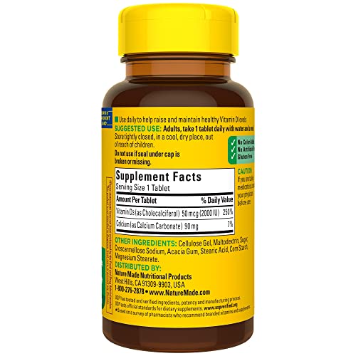 Nature Made Vitamin D3 2000 IU (50 mcg), Dietary Supplement for Bone, Teeth, Muscle and Immune Health Support, 100 Tablets, 100 Day Supply