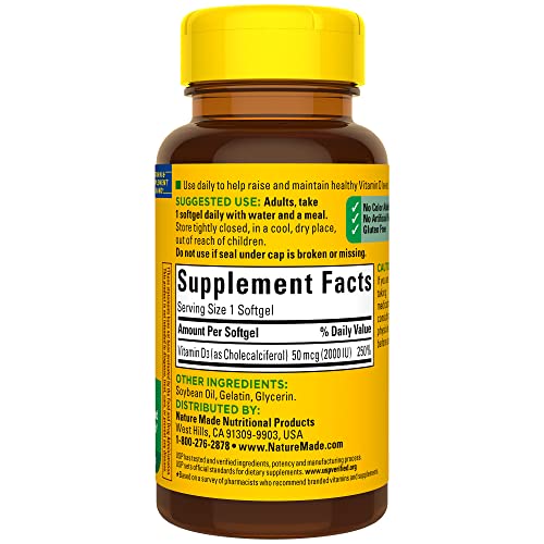 Nature Made Vitamin D3 2000 IU (50 mcg), Dietary Supplement for Bone, Teeth, Muscle and Immune Health Support, 90 Softgels, 90 Day Supply