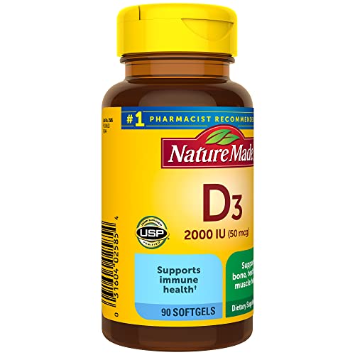 Nature Made Vitamin D3 2000 IU (50 mcg), Dietary Supplement for Bone, Teeth, Muscle and Immune Health Support, 90 Softgels, 90 Day Supply