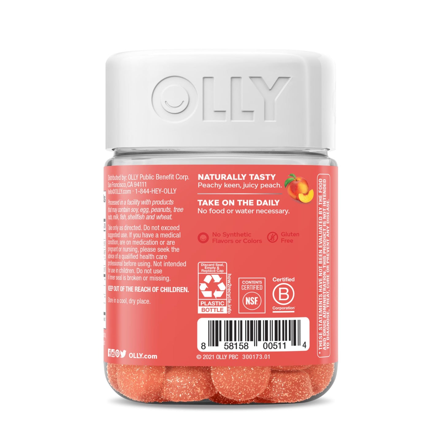 OLLY Probiotic + Prebiotic Gummy, Digestive Support and Gut Health, 500 Million CFUs, Fiber, Adult Chewable Supplement for Men and Women, Peach, 30 Day Supply - 30 Count
