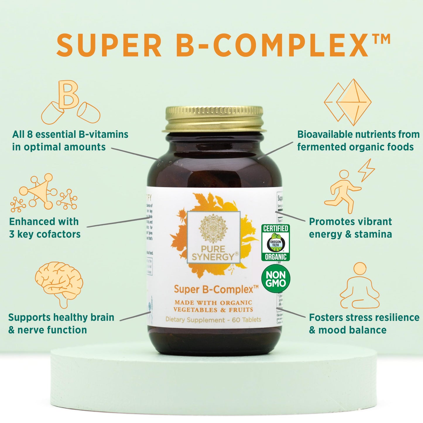 PURE SYNERGY Super B-Complex | Vitamin B Complex Made with Organic Whole Foods | Vegan Supplement with Natural Vitamin B12, Niacin, and Folate | for Energy, Focus and Mood Support (60 Tablets)