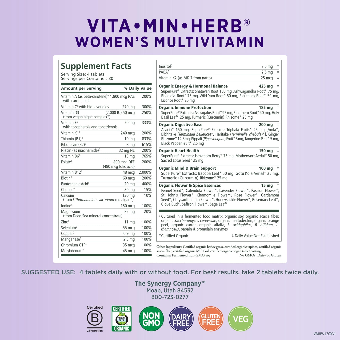 PURE SYNERGY Vita·Min·Herb for Women | Women’s Comprehensive Multivitamin Supplement | Made with Organic Whole Food Non-GMO & Vegan Ingredients | Supports Energy & Immune Health (120 Tablets)