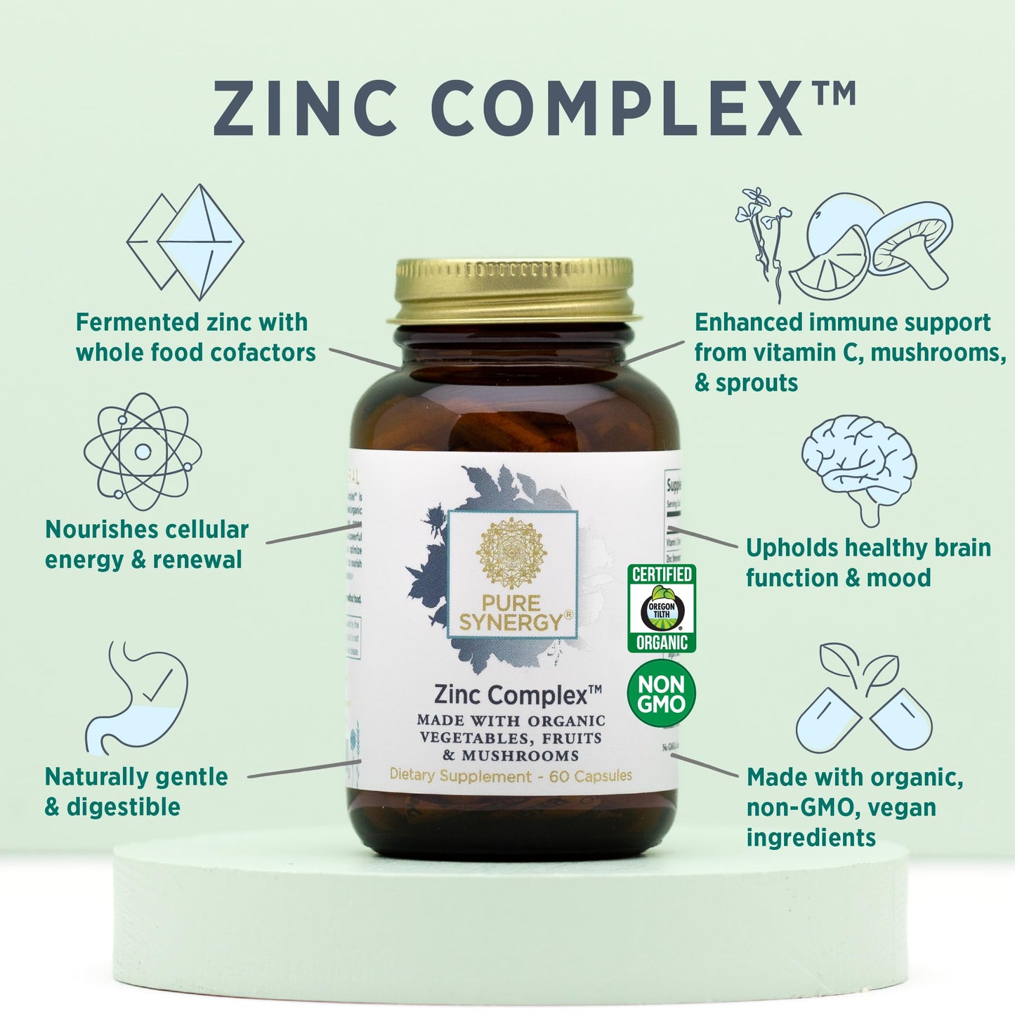 PURE SYNERGY Zinc Complex | Zinc Immune Support Supplement | Natural, Vegan Zinc Complex with Vitamin C and Organic Whole Foods | for Immune, Brain, and Skin Health (60 Capsules)