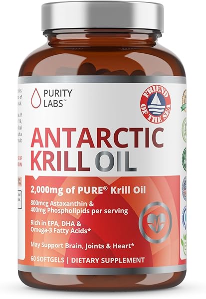 Purity Labs Antarctic Krill Oil 2000mg Omega-3 with Astaxanthin 800mcg - Vegan Supplements to Support Memory, Heart, Brain Health - Rich in Omega 3, Fatty Acids, DHA, EPA & Phospholipids - 60 Softgels in Pakistan in Pakistan Purity Labs Antarctic Krill Oil 2000mg Omega-3 with Astaxanthin 800mcg - Vegan Supplements to Support Memory, Heart, Brain Health - Rich in Omega 3, Fatty Acids, DHA, EPA & Phospholipids - 60 Softgels in Pakistan in Pakistan