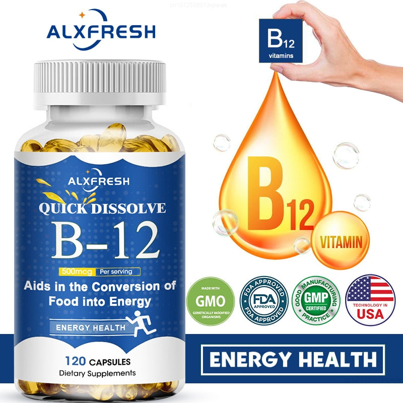 Alxfresh Vitamin B12 Capsule 500 Mcg Methyl B12 Organic Spirulina Supports Healthy Mood Energy Heart&Eye Vitamin B12 Supplement