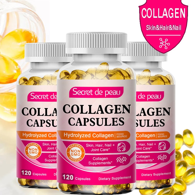 3 Bottles Hydrolyzed Collagen Capsule Support Skin Brightening&Joint&Hair&Nails Anti-aging Firming Skin Care Collagen Supplement