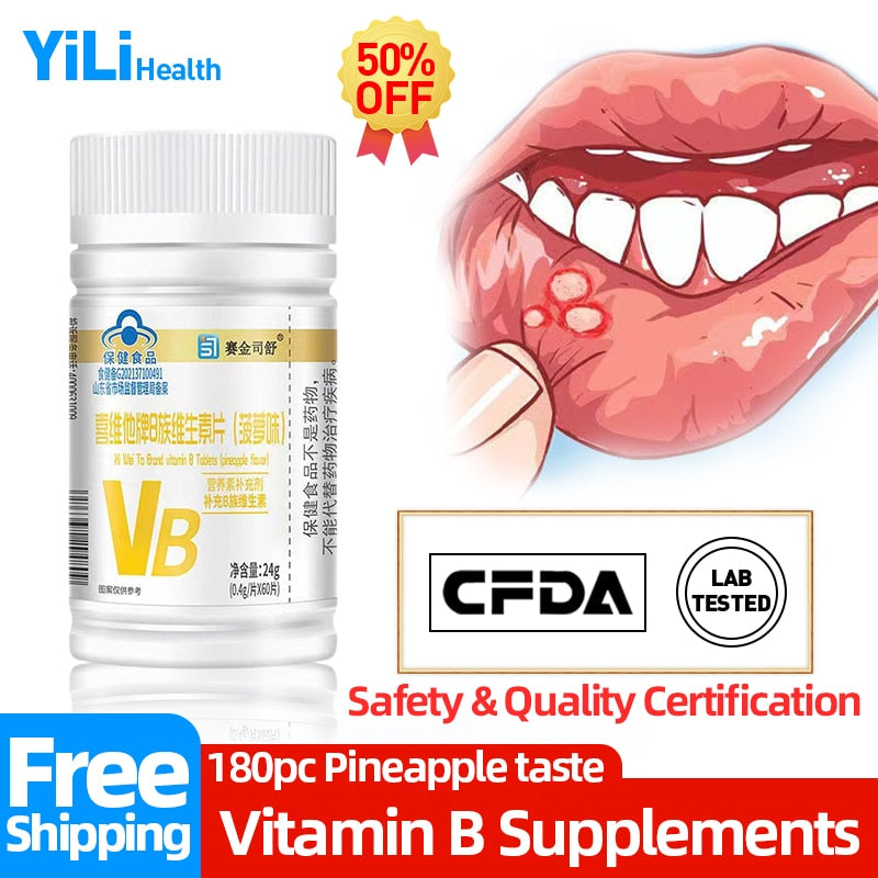Vitamin B Complex Tablets Supplements Vitamins B1 B2 B6 B12 for Men Women Pineapple Taste Mouth Ulcers Stay Up CFDA Approve