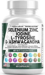 Selenium 300mcg Zinc 50mg Iodine 500mcg L Tyrosine 500mg Ashwagandha 6000mg - Thyroid Support Supplement for Women and Men with Bladderwrack, Turmeric, Kelp, Schisandra - Made in USA 60 Caps in Pakistan