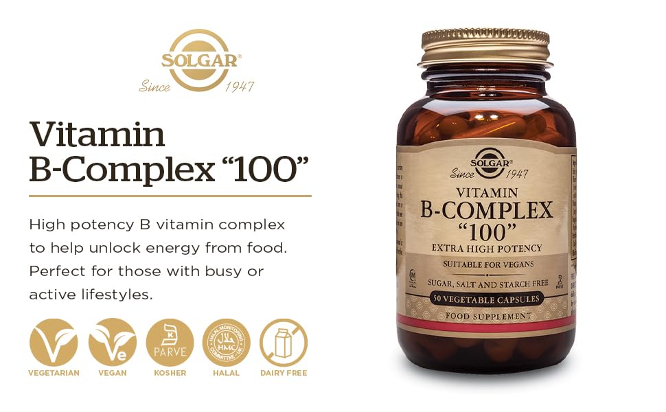 Solgar B-Complex "100", 100 Vegetable Capsules - Heart Health - Nervous System Support - Supports Energy Metabolism - Non GMO, Vegan, Gluten/ Dairy Free, Kosher, Halal - 100 Servings