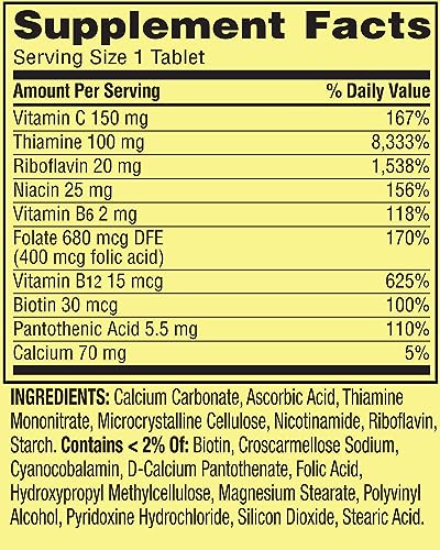 Spring Valley Super Vitamin B-Complex Tablets with Vitamins B6, B12, C, Thiamine, Biotin, Folate, Pantothenic Acid- Metabolism Support, Energy Boost, and Holistic Well-Being - 250 Count