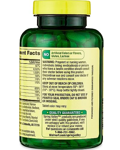 Spring Valley Super Vitamin B-Complex Tablets with Vitamins B6, B12, C, Thiamine, Biotin, Folate, Pantothenic Acid- Metabolism Support, Energy Boost, and Holistic Well-Being - 250 Count