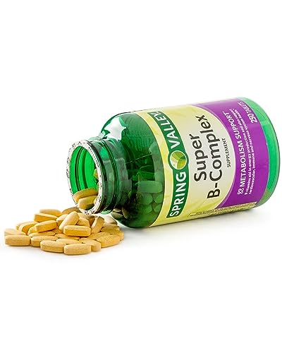 Spring Valley Super Vitamin B-Complex Tablets with Vitamins B6, B12, C, Thiamine, Biotin, Folate, Pantothenic Acid- Metabolism Support, Energy Boost, and Holistic Well-Being - 250 Count