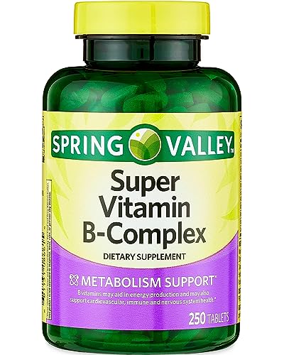 Spring Valley Super Vitamin B-Complex Tablets with Vitamins B6, B12, C, Thiamine, Biotin, Folate, Pantothenic Acid- Metabolism Support, Energy Boost, and Holistic Well-Being - 250 Count