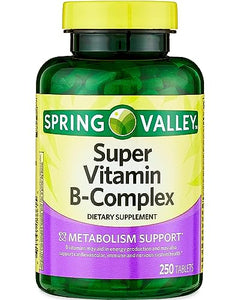 Spring Valley Super Vitamin B-Complex Tablets with Vitamins B6, B12, C, Thiamine, Biotin, Folate, Pantothenic Acid- Metabolism Support, Energy Boost, and Holistic Well-Being - 250 Count