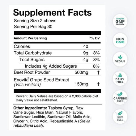 SuperBeets Blood Pressure Support Supplement Circulation - Beet Energy Chews - Pomegranate Berry Flavor