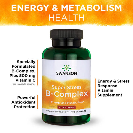 Swanson Vitamin B-Complex w/Vitamin C - Natural Supplement Promoting Stress Relief, Energy Support & Aiding Immune Health - May Support Metabolism & Nervous Health - (100 Capsules)