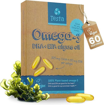 Testa Omega-3 Supplement - Vegan Based Omega 3 DHA EPA Capsules from Algae - Omega 3 Fatty acids - Supports Heart, Brain & Joint Health - Plastic Negative, RTG, and Kosher - Two Months Supply in Pakistan
