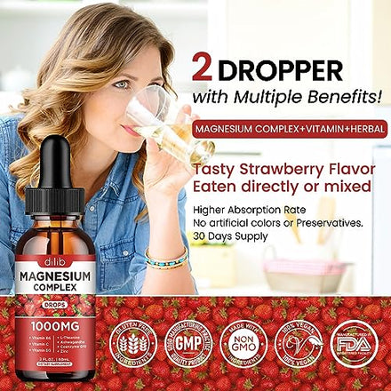 Triple Magnesium Complex Supplement, Magnesium Glycinate, Blend, Citrate Liquid Drops 1000mg with Ashwagandha, CoQ10, Vitamin B6, C, D, Zinc -Support Calm Stress Relief, Bone, Muscle, Mood Vegan