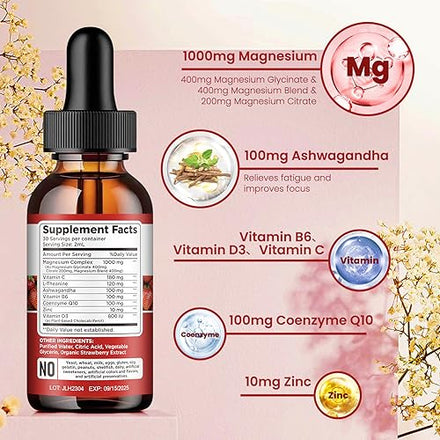 Triple Magnesium Complex Supplement, Magnesium Glycinate, Blend, Citrate Liquid Drops 1000mg with Ashwagandha, CoQ10, Vitamin B6, C, D, Zinc -Support Calm Stress Relief, Bone, Muscle, Mood Vegan