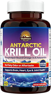 VITALITOWN Antarctic Krill Oil 1000mg, with Omega-3s EPA & DHA, Antioxidant Astaxanthin, No Fishy Odor or Aftertaste, Support Brain, Heart, Eye Health, 60 Softgels in Pakistan