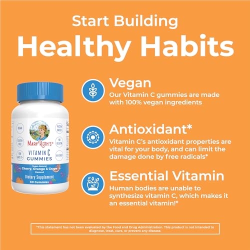 Vegan Vitamin C Gummies by MaryRuth's | 2 Month Supply | Immune Support Supplement | Adults & Kids Vitamin C | Chewable Vitamin C Gummy Vitamins | Non GMO | Pectin Based | 60 Count