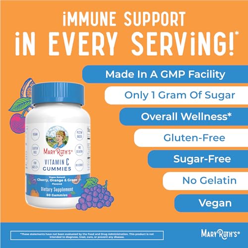 Vegan Vitamin C Gummies by MaryRuth's | 2 Month Supply | Immune Support Supplement | Adults & Kids Vitamin C | Chewable Vitamin C Gummy Vitamins | Non GMO | Pectin Based | 60 Count