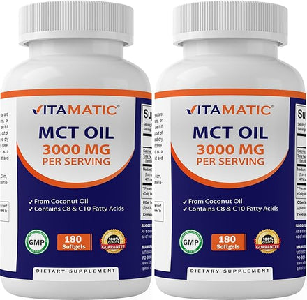 Vitamatic 2 Packs MCT Oil Capsules 3000 mg per Serving - 180 Softgels - from Coconut Oil - Contains 55% caprylic Acid C8 and 40% capric Acid C10 (Total 360 Softgel) in Pakistan