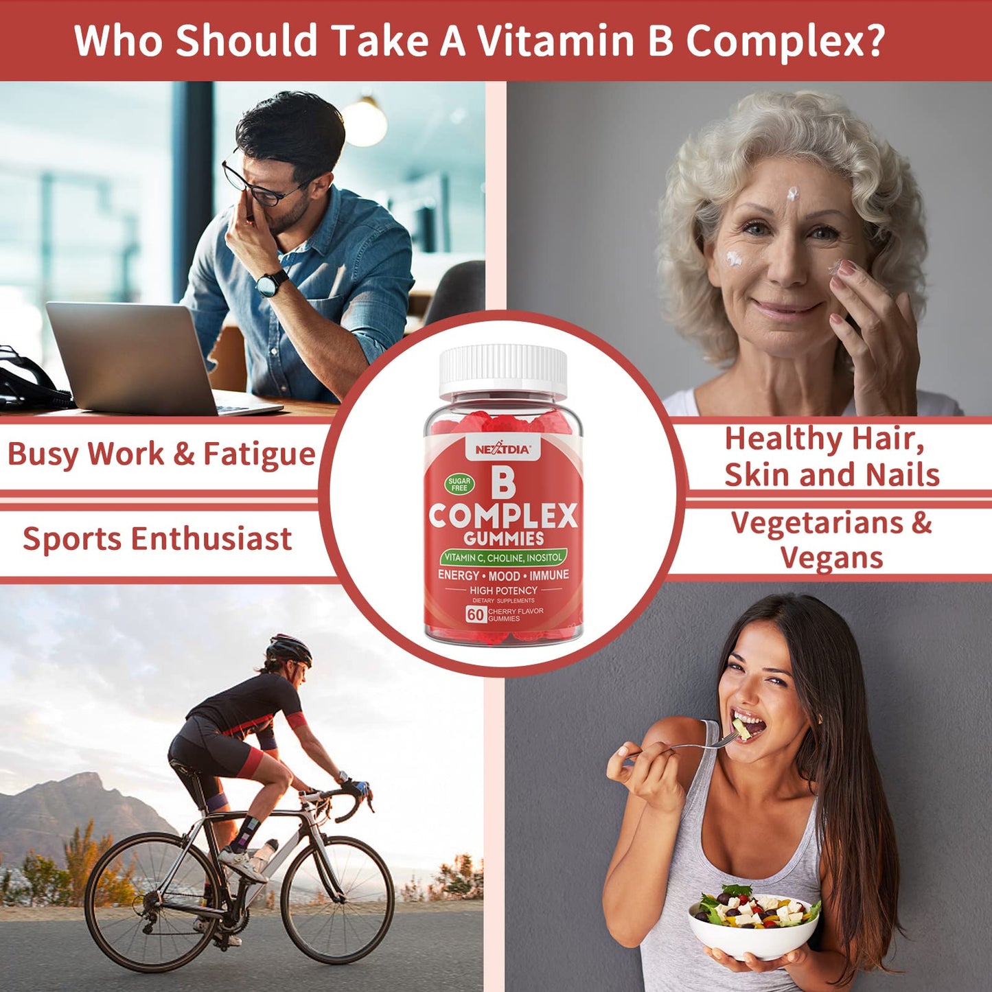 Vitamin B Complex Gummies, Vegan Vitamin B Gummies with 2000 mcg Methyl B12, Methyl Folate | Plus Choline + Inositol, Vitamin C + Zinc for Supports Energy, Mood, Immune, Healthy Hair, Skin - 120 Cts