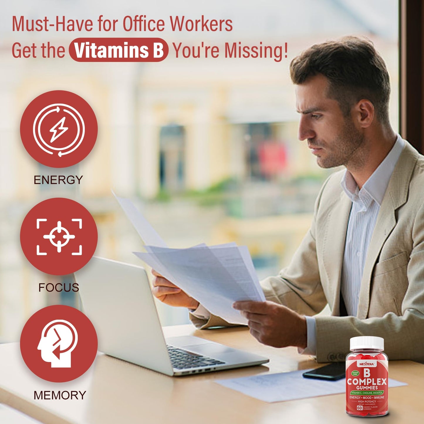 Vitamin B Complex Gummies, Vegan Vitamin B Gummies with 2000 mcg Methyl B12, Methyl Folate | Plus Choline + Inositol, Vitamin C + Zinc for Supports Energy, Mood, Immune, Healthy Hair, Skin - 120 Cts